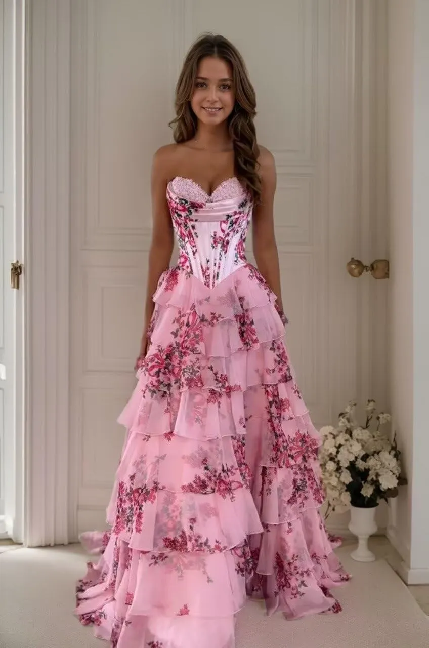 Tiered Floral Print Prom Dresses Long Ball Gown Tulle Formal Dress Strapless Evening Gown Sweetheart Party Dress