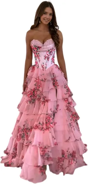Tiered Floral Print Prom Dresses Long Ball Gown Tulle Formal Dress Strapless Evening Gown Sweetheart Party Dress