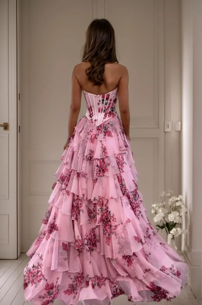 Tiered Floral Print Prom Dresses Long Ball Gown Tulle Formal Dress Strapless Evening Gown Sweetheart Party Dress