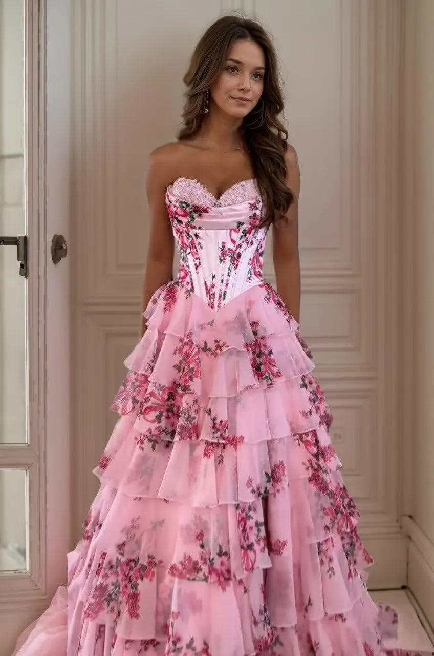 Tiered Floral Print Prom Dresses Long Ball Gown Tulle Formal Dress Strapless Evening Gown Sweetheart Party Dress