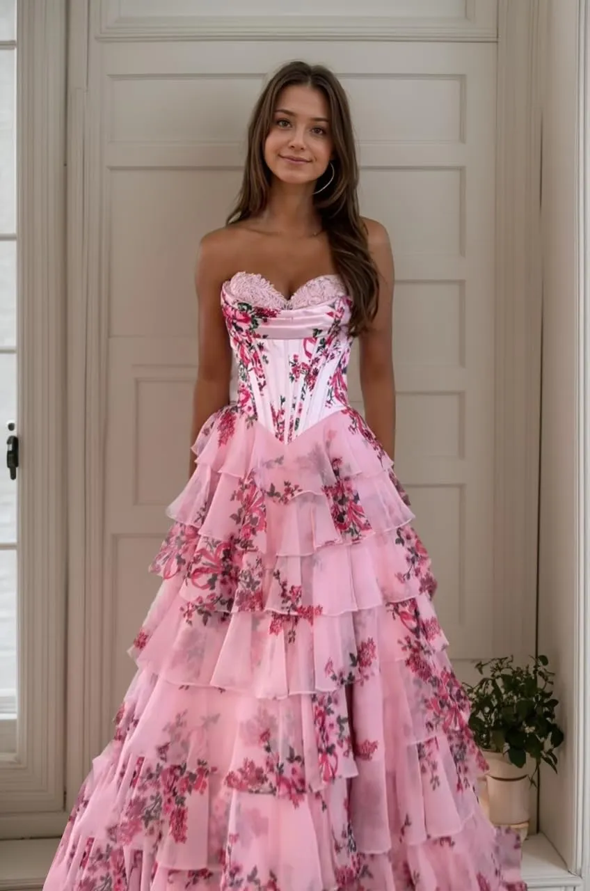 Tiered Floral Print Prom Dresses Long Ball Gown Tulle Formal Dress Strapless Evening Gown Sweetheart Party Dress