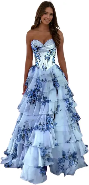 Tiered Floral Print Prom Dresses Long Ball Gown Tulle Formal Dress Strapless Evening Gown Sweetheart Party Dress