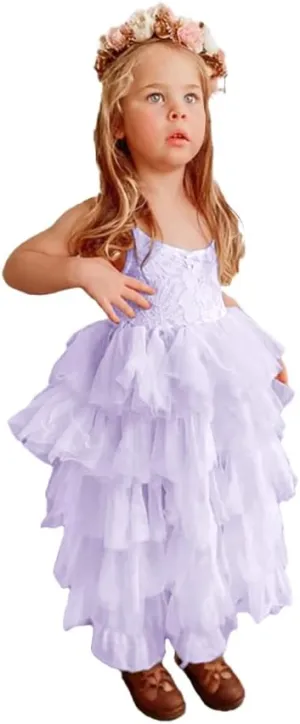 Tiered Flower Girl Dress Bow Spaghetti Strap Junior Bridesmaid Dresses Tulle Long Ball Gown with Laces Applique