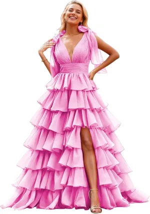 Tiered Ruffle Prom Dresses for Women Long Slit Tulle Formal Evening Dress with Bow
