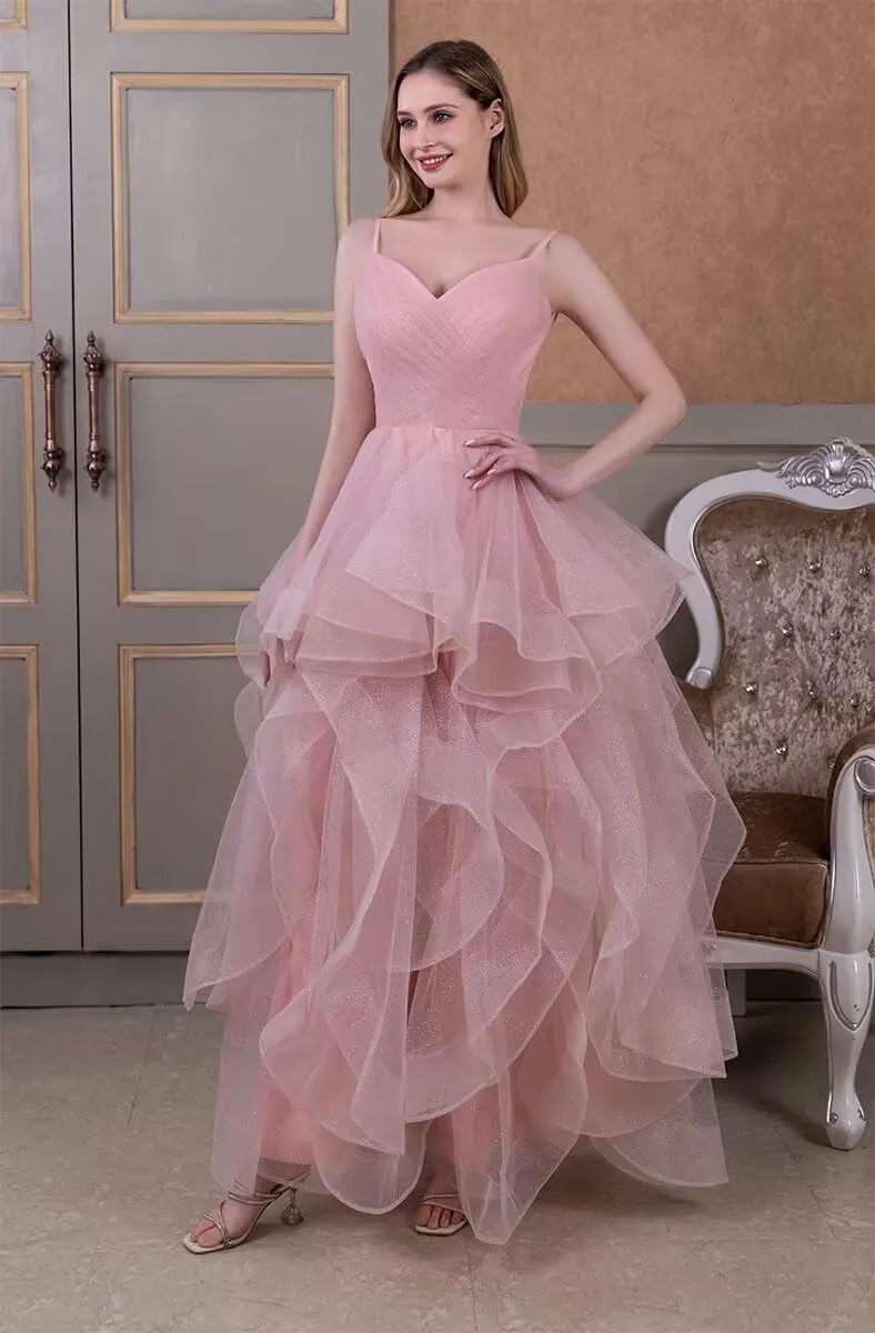 Tiered Tulle Prom Dress 2025 Classic Evening Dresses for Women Formal Spaghetti Straps Glittery Party Ball Gowns with Slit