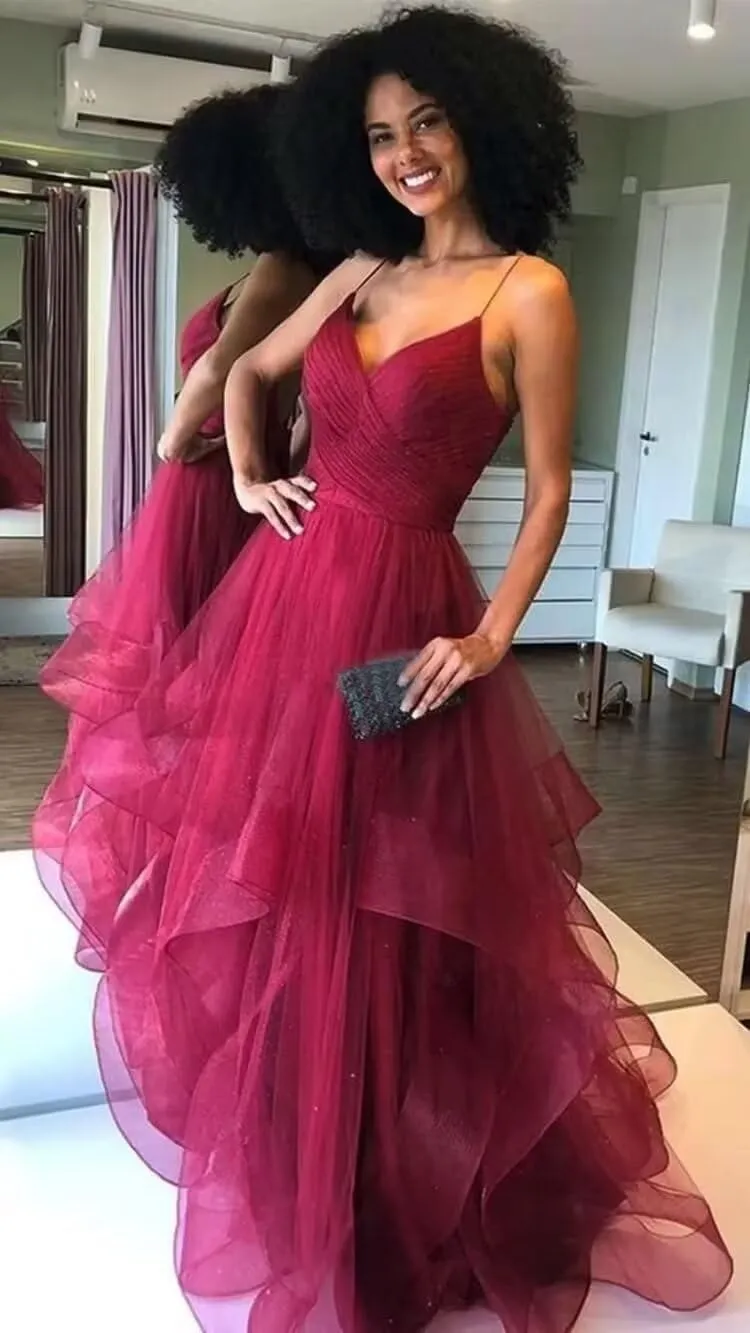Tiered Tulle Prom Dress 2025 Classic Evening Dresses for Women Formal Spaghetti Straps Glittery Party Ball Gowns with Slit