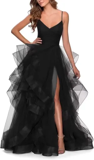 Tiered Tulle Prom Dress 2025 Classic Evening Dresses for Women Formal Spaghetti Straps Glittery Party Ball Gowns with Slit