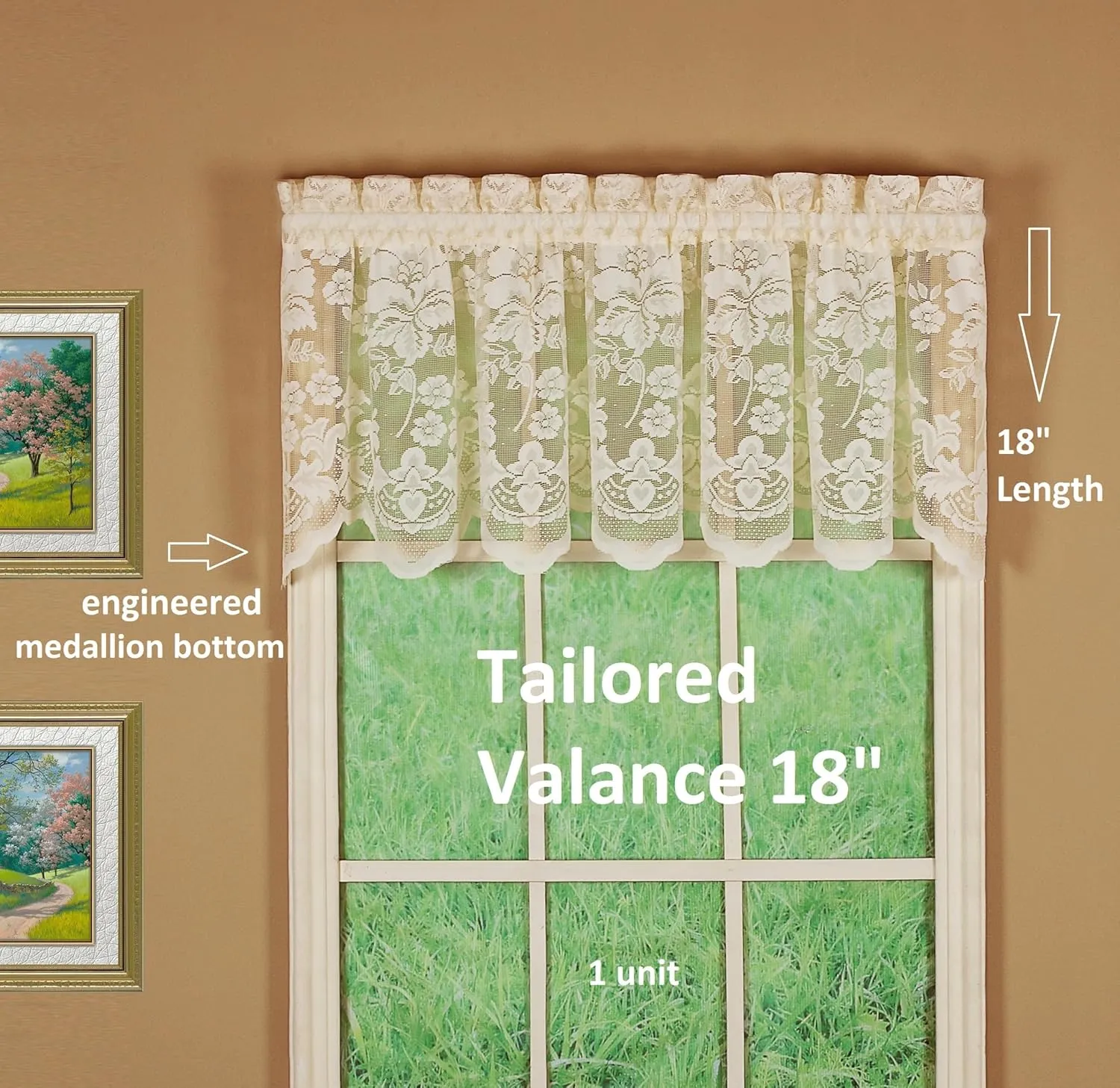 Today's Curtain Floral Vine Lace Tailored Valance 18", Ivory, 60W x 18L
