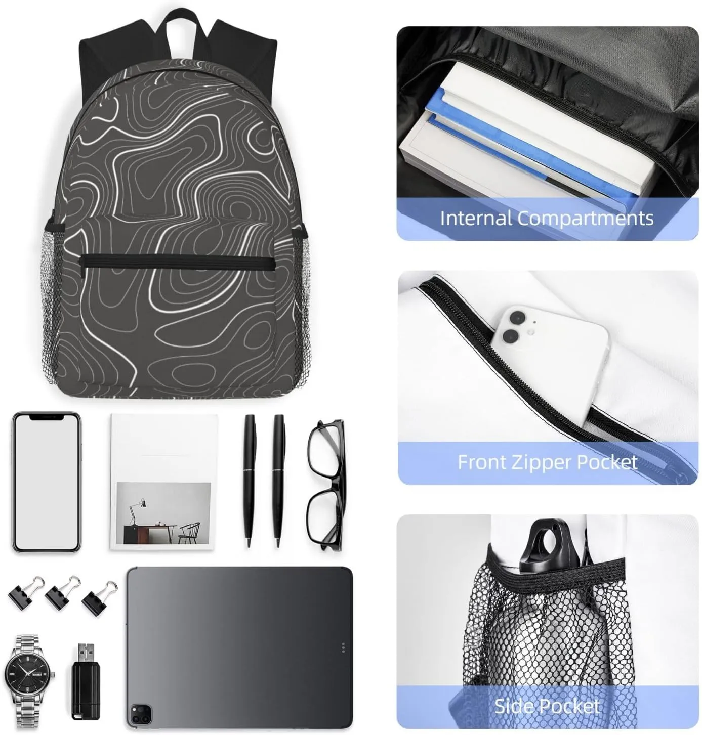 Topography Contour Map Backpack, Travel Laptop Backpack Computer Bag Rucksack for Men Women Business Work Fits 15.6 Inch Notebook