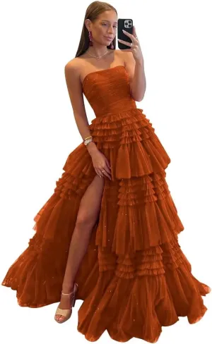 TORYEMY Tiered Glitter Tulle Prom Dress for Women Princess Ball Gown Long Formal Evening Dress with Slit