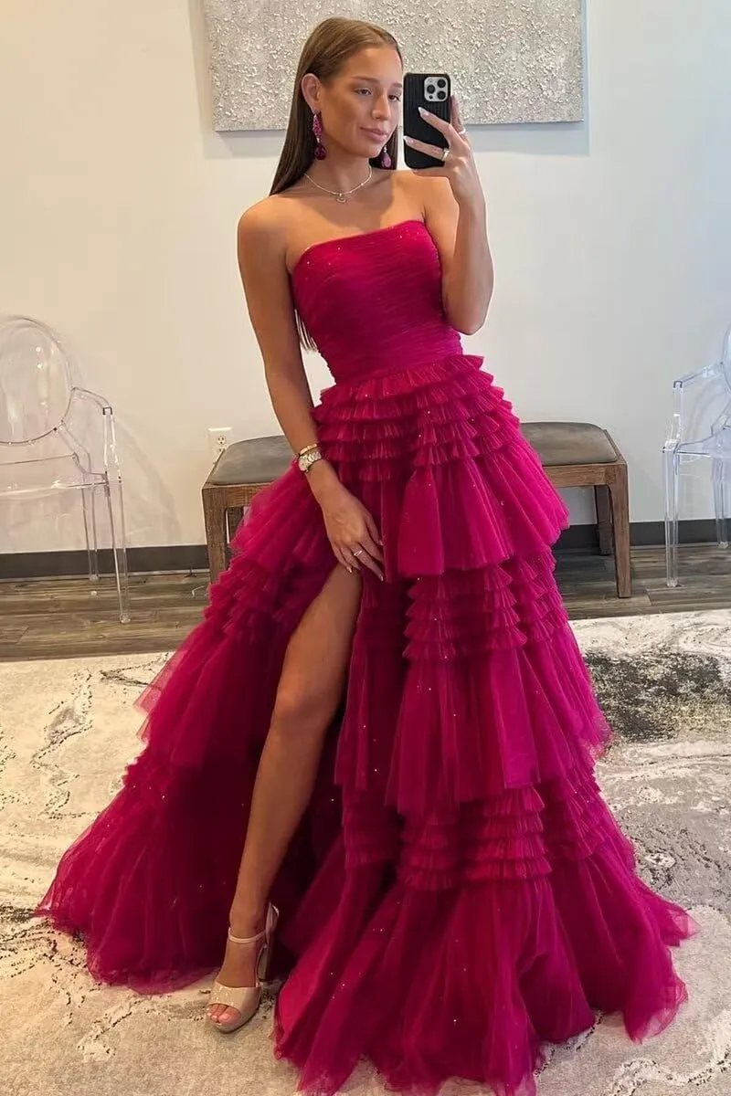TORYEMY Tiered Glitter Tulle Prom Dress for Women Princess Ball Gown Long Formal Evening Dress with Slit