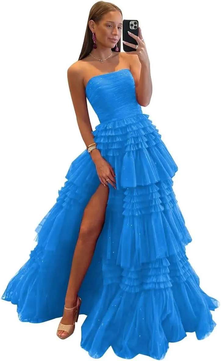 TORYEMY Tiered Glitter Tulle Prom Dress for Women Princess Ball Gown Long Formal Evening Dress with Slit