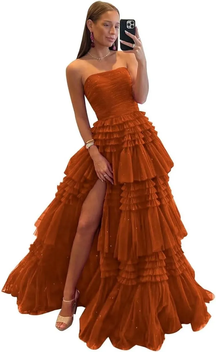 TORYEMY Tiered Glitter Tulle Prom Dress for Women Princess Ball Gown Long Formal Evening Dress with Slit