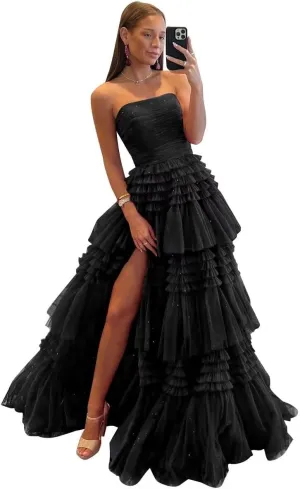 TORYEMY Tiered Glitter Tulle Prom Dress for Women Princess Ball Gown Long Formal Evening Dress with Slit