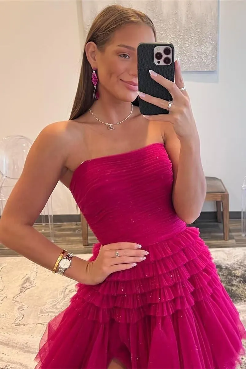 TORYEMY Tiered Glitter Tulle Prom Dress for Women Princess Ball Gown Long Formal Evening Dress with Slit