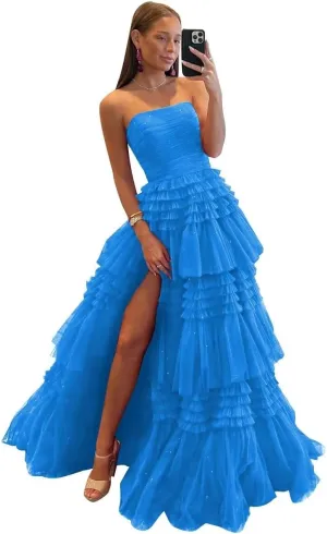 TORYEMY Tiered Glitter Tulle Prom Dress for Women Princess Ball Gown Long Formal Evening Dress with Slit