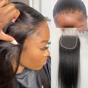 Transparent Lace Closure 4x4, Invisible Thin Swiss Lace with Free Part 12A Brazilian Straight Remy Human Hair Extensions Closure Pre Plucked with Baby Hair Natural Black 16 Inch
