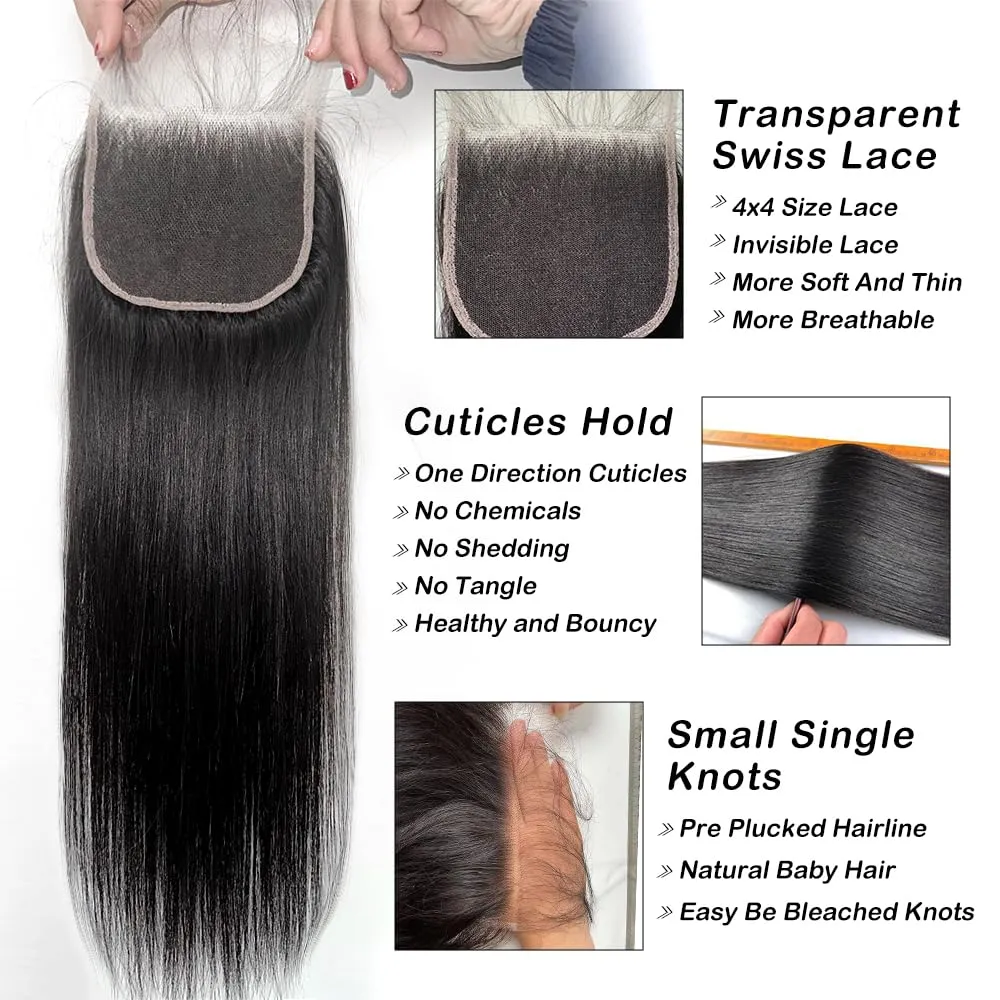 Transparent Lace Closure 4x4, Invisible Thin Swiss Lace with Free Part 12A Brazilian Straight Remy Human Hair Extensions Closure Pre Plucked with Baby Hair Natural Black 16 Inch