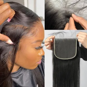 Transparent Lace Closure 5x5, Invisible Thin Swiss Lace with Free Part 12A Brazilian Straight Remy Human Hair Extensions Closure Pre Plucked with Baby Hair Natural Black 16 Inch