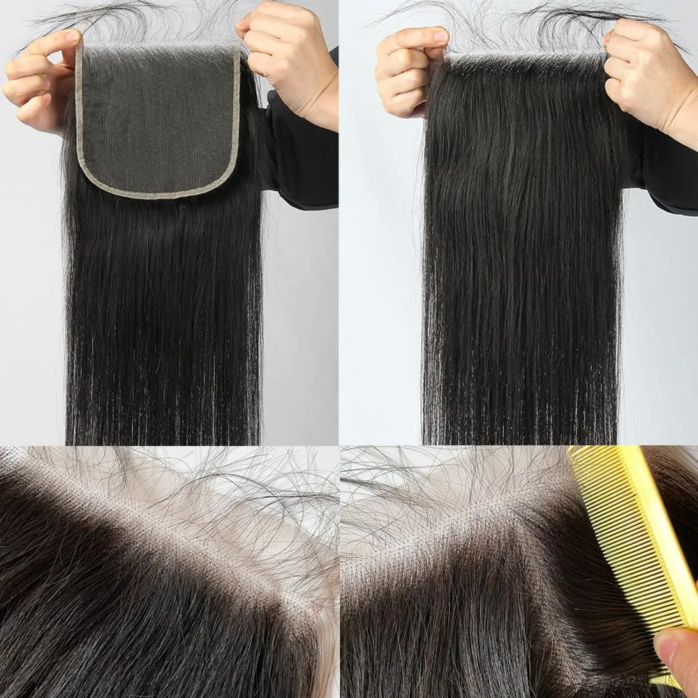 Transparent Lace Closure 5x5, Invisible Thin Swiss Lace with Free Part 12A Brazilian Straight Remy Human Hair Extensions Closure Pre Plucked with Baby Hair Natural Black 16 Inch