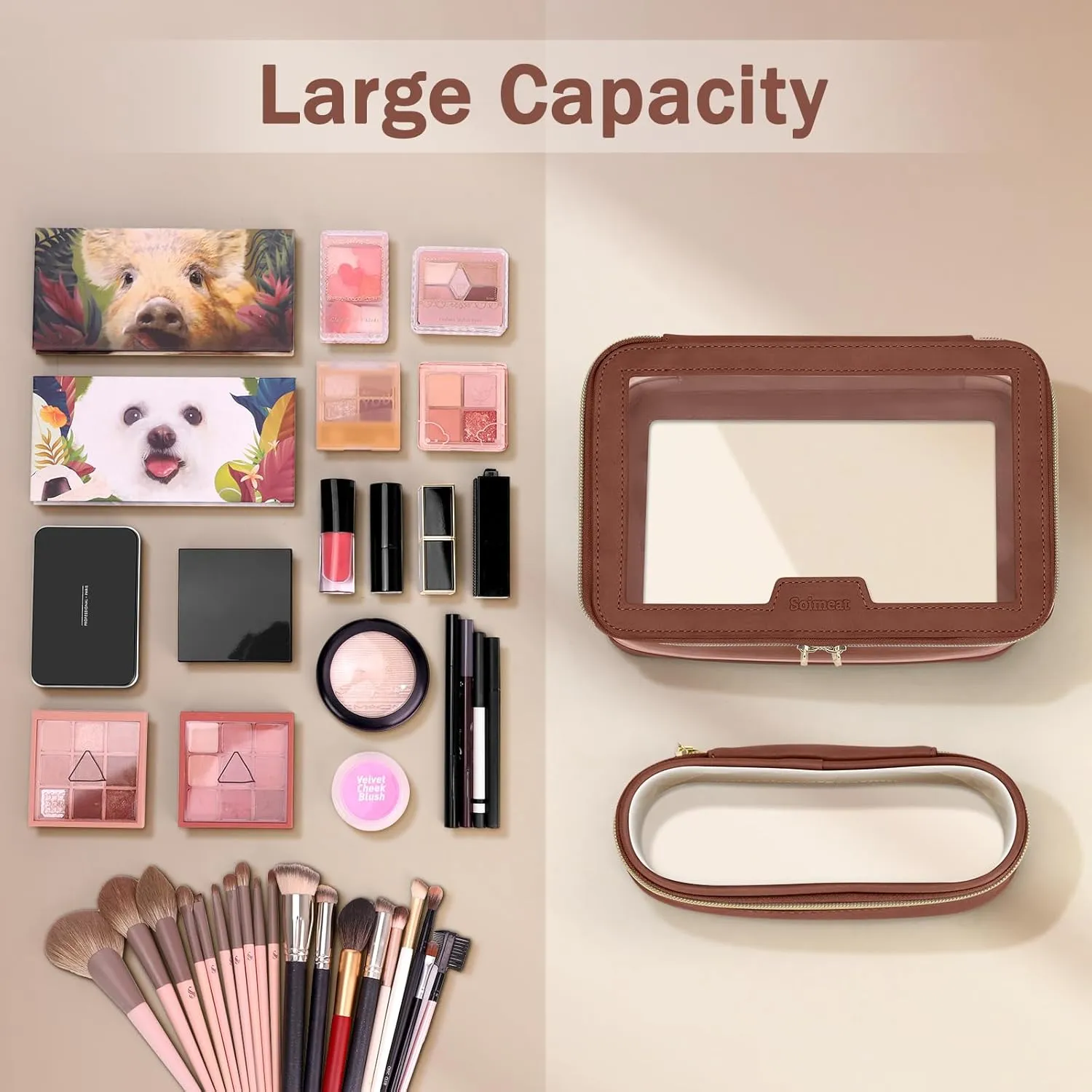 Travel Clear Makeup Bag with Makeup Brush Bag, Leather Makeup Case Toiletry Bag, Portable Cosmetic Bag Case, Transparent Waterproof Cosmetic Organizer Storage Bag for Women, Brown