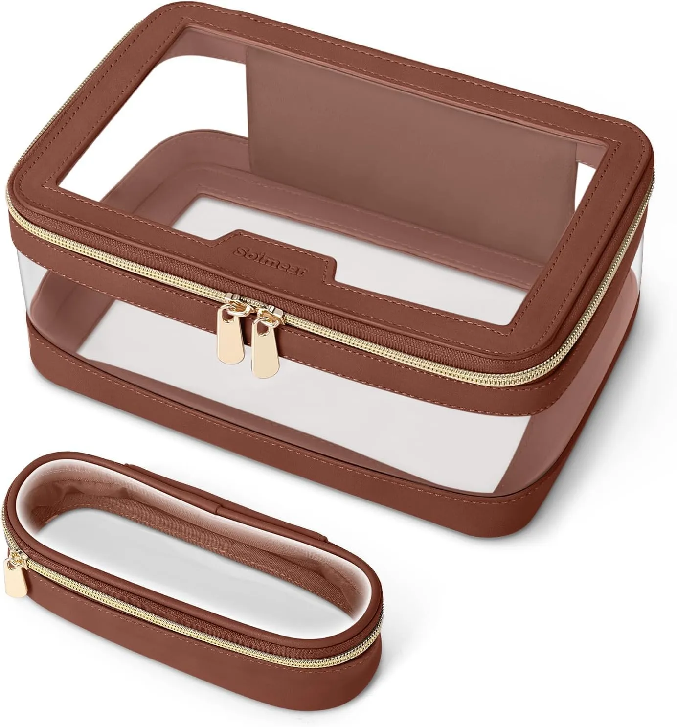 Travel Clear Makeup Bag with Makeup Brush Bag, Leather Makeup Case Toiletry Bag, Portable Cosmetic Bag Case, Transparent Waterproof Cosmetic Organizer Storage Bag for Women, Brown