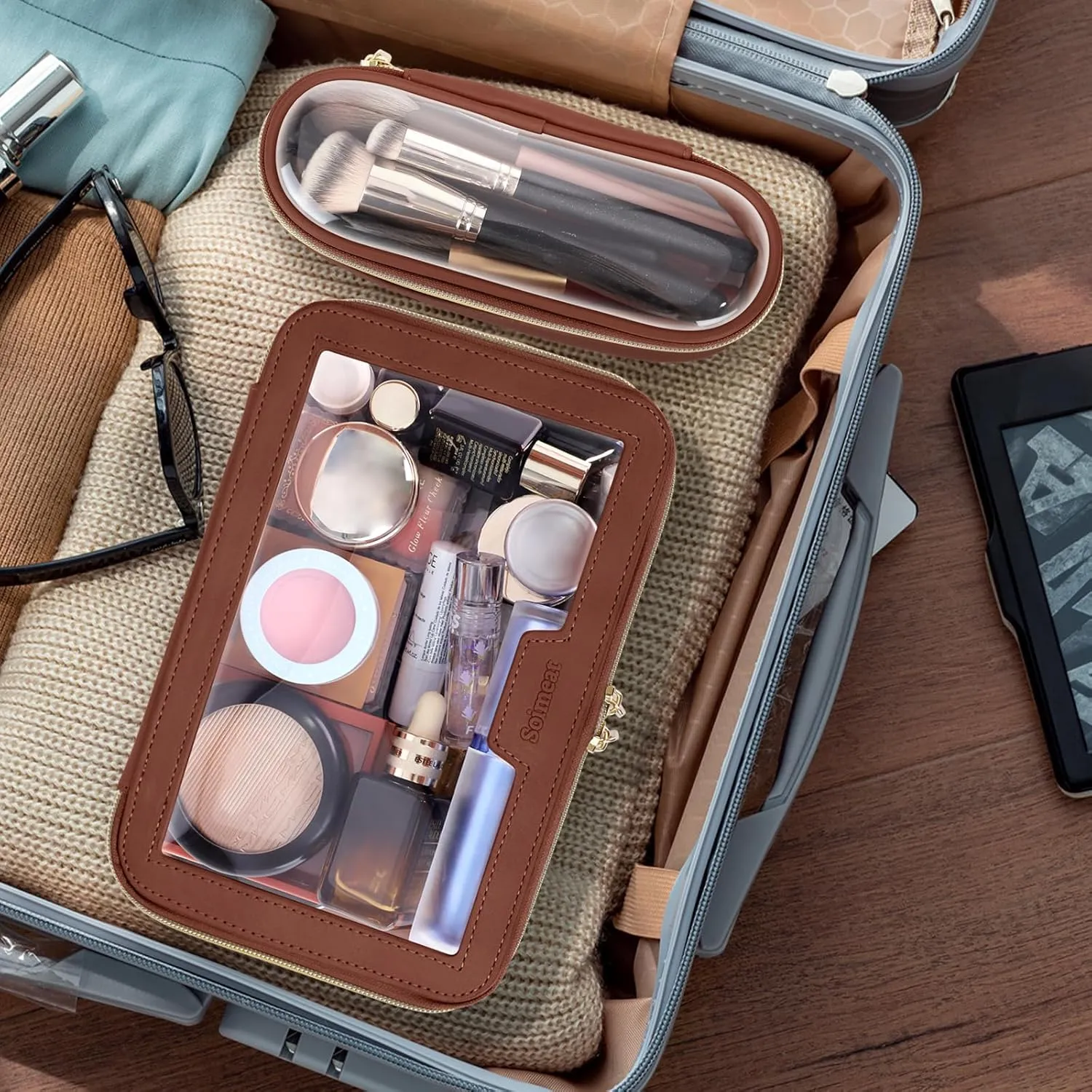 Travel Clear Makeup Bag with Makeup Brush Bag, Leather Makeup Case Toiletry Bag, Portable Cosmetic Bag Case, Transparent Waterproof Cosmetic Organizer Storage Bag for Women, Brown