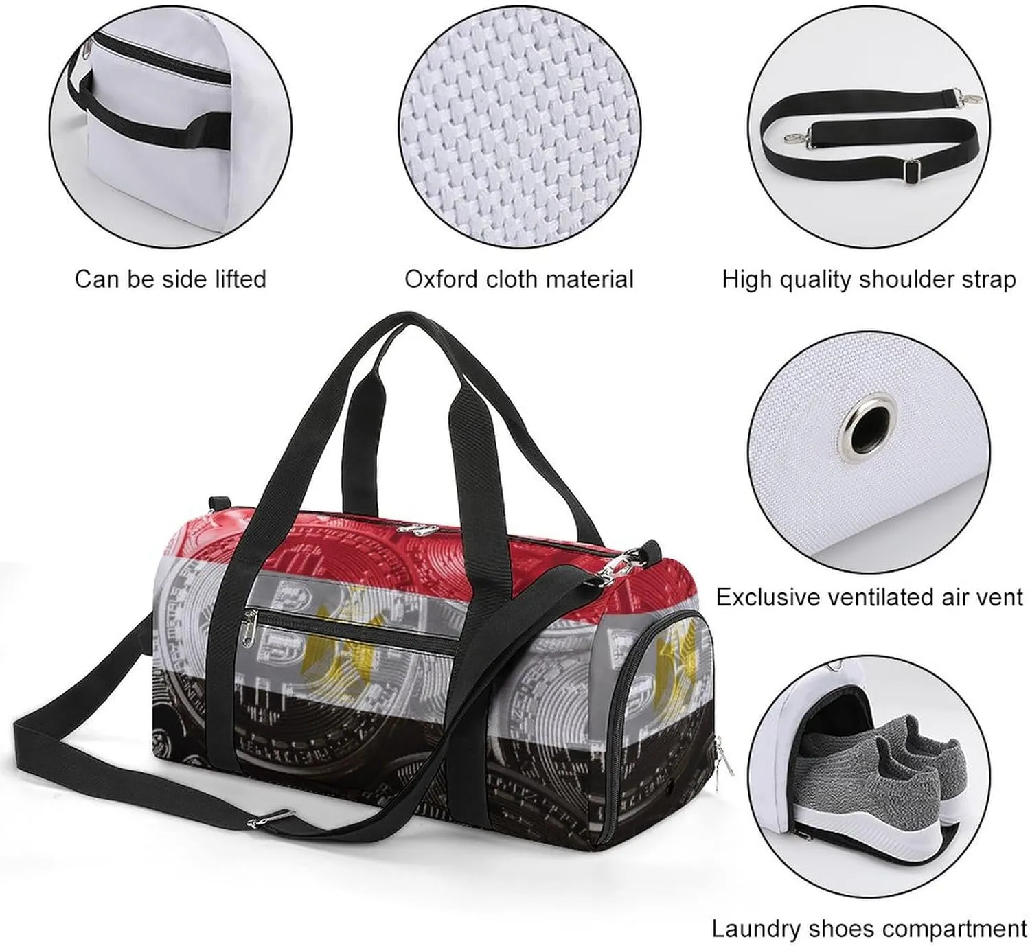 Travel Duffel with Egypt Flag Bitcoin Shoe Compartment for Gym Beach and Sports