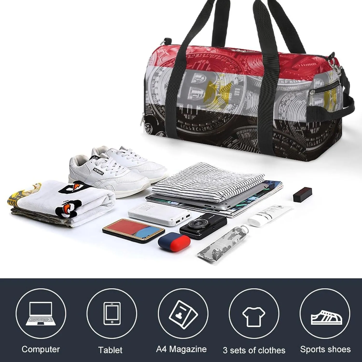 Travel Duffel with Egypt Flag Bitcoin Shoe Compartment for Gym Beach and Sports