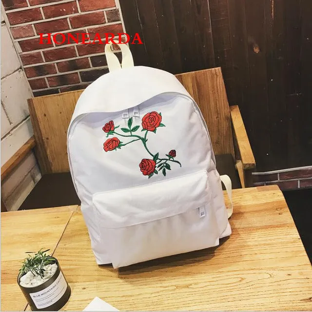 Travel Harajuku Embroidery Classy Bag Shoulder White Rose Women Backpack Students Black Double Backpack 100pcs Complete collection Canvas