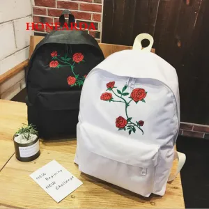 Travel Harajuku Embroidery Classy Bag Shoulder White Rose Women Backpack Students Black Double Backpack 100pcs Complete collection Canvas