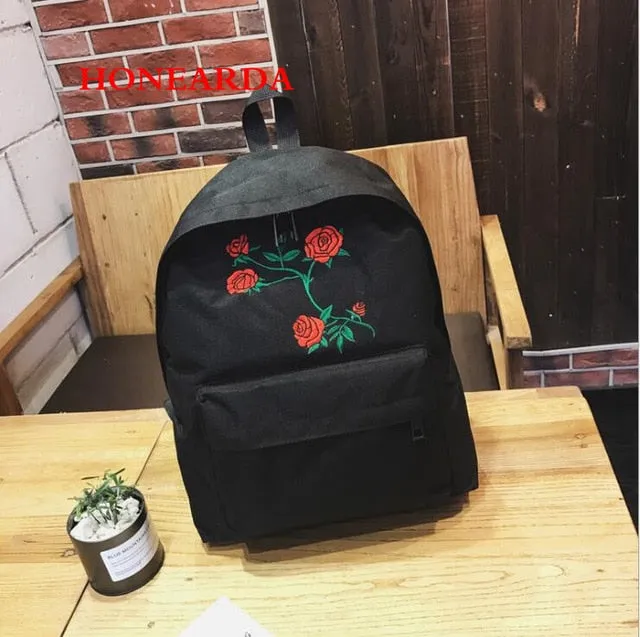 Travel Harajuku Embroidery Classy Bag Shoulder White Rose Women Backpack Students Black Double Backpack 100pcs Complete collection Canvas