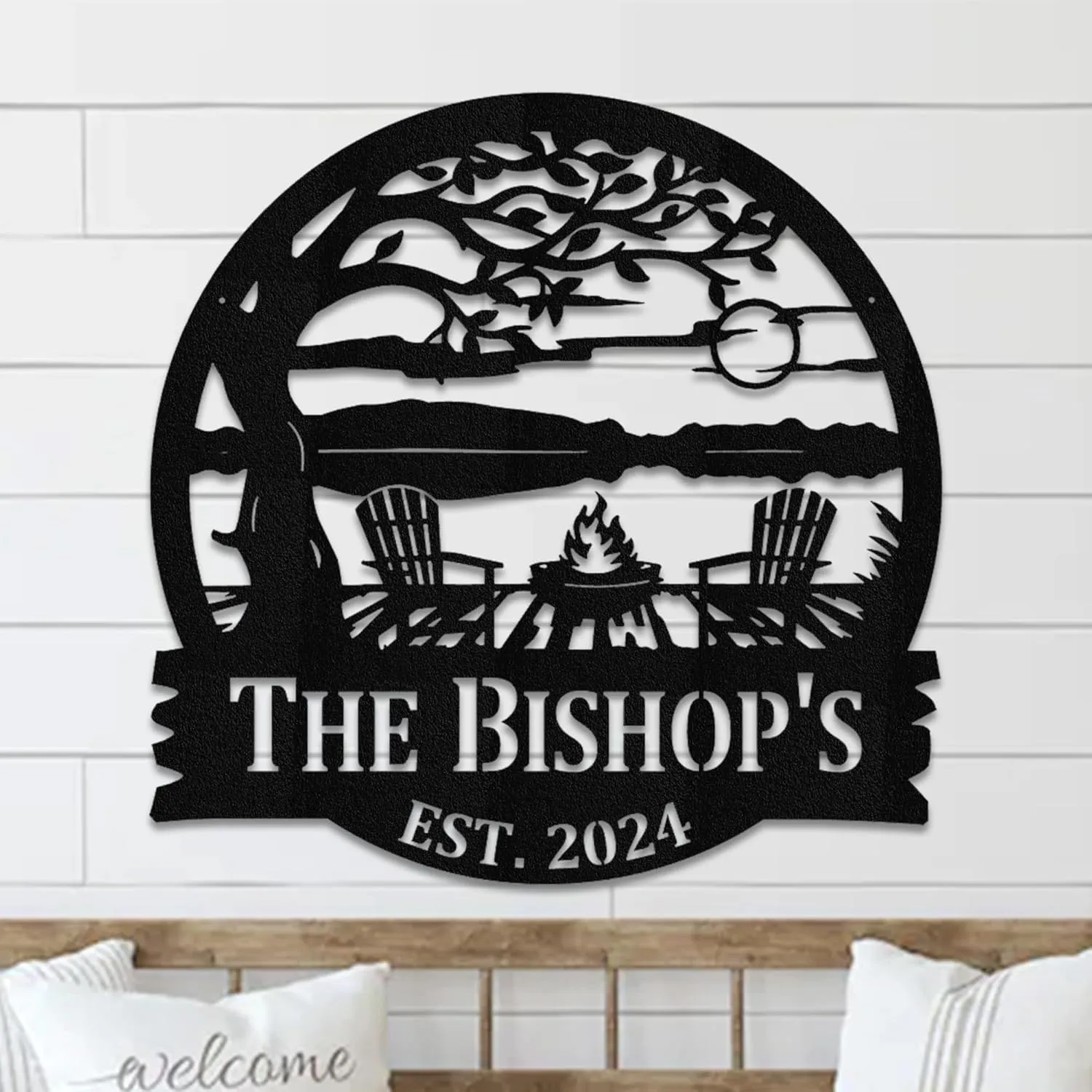 Tree Chairs Dock Lake House Sunset sign Personalized Metal Monogram, Wedding Gift. Family, Outdoor Name Sign, Last Name,Front Door,Bonfire (24 inch, Black)