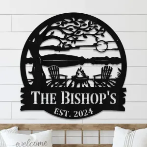 Tree Chairs Dock Lake House Sunset sign Personalized Metal Monogram, Wedding Gift. Family, Outdoor Name Sign, Last Name,Front Door,Bonfire (24 inch, Black)