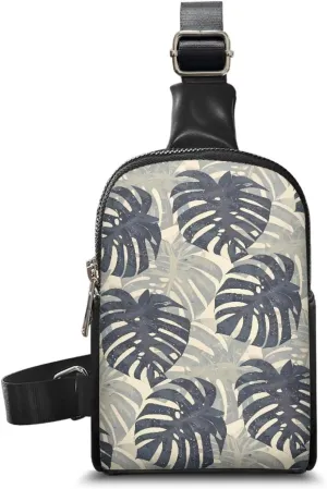 Tropical Monstera Leaves Sling Bag Crossbody Shoulder Chest Everyday Carry Bag, Tropic Plants Leaf Print Travel Crossbody Fanny Pack with Adjustable Straps