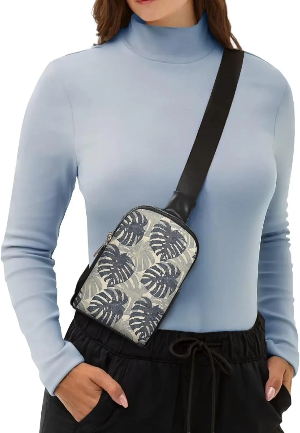 Tropical Monstera Leaves Sling Bag Crossbody Shoulder Chest Everyday Carry Bag, Tropic Plants Leaf Print Travel Crossbody Fanny Pack with Adjustable Straps