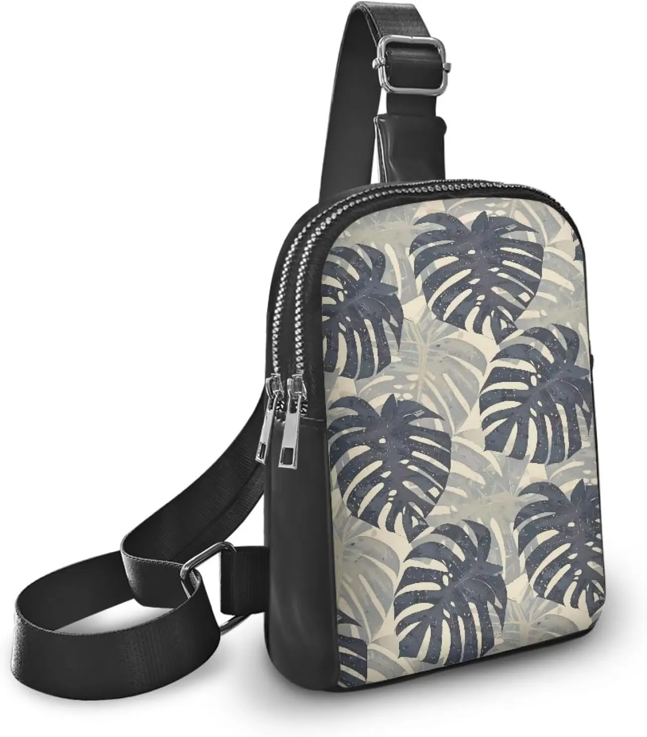 Tropical Monstera Leaves Sling Bag Crossbody Shoulder Chest Everyday Carry Bag, Tropic Plants Leaf Print Travel Crossbody Fanny Pack with Adjustable Straps