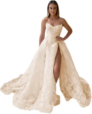 Tsbridal Lace Appliques Wedding Dresses for Bride Strapless Bridal Dress A Line Wedding Gowns with Slit