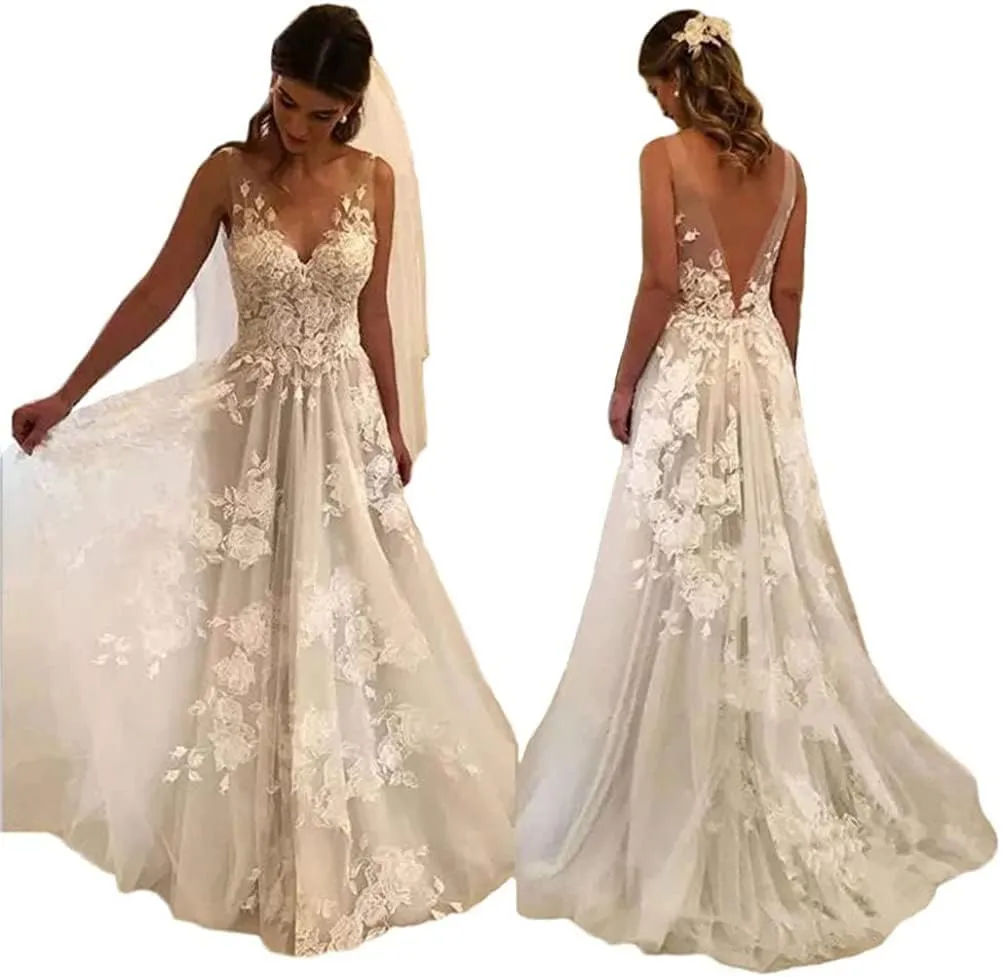 Tulle Beach Wedding Dresses for Women 2025 Lace Appliques Bridal Gown with Train