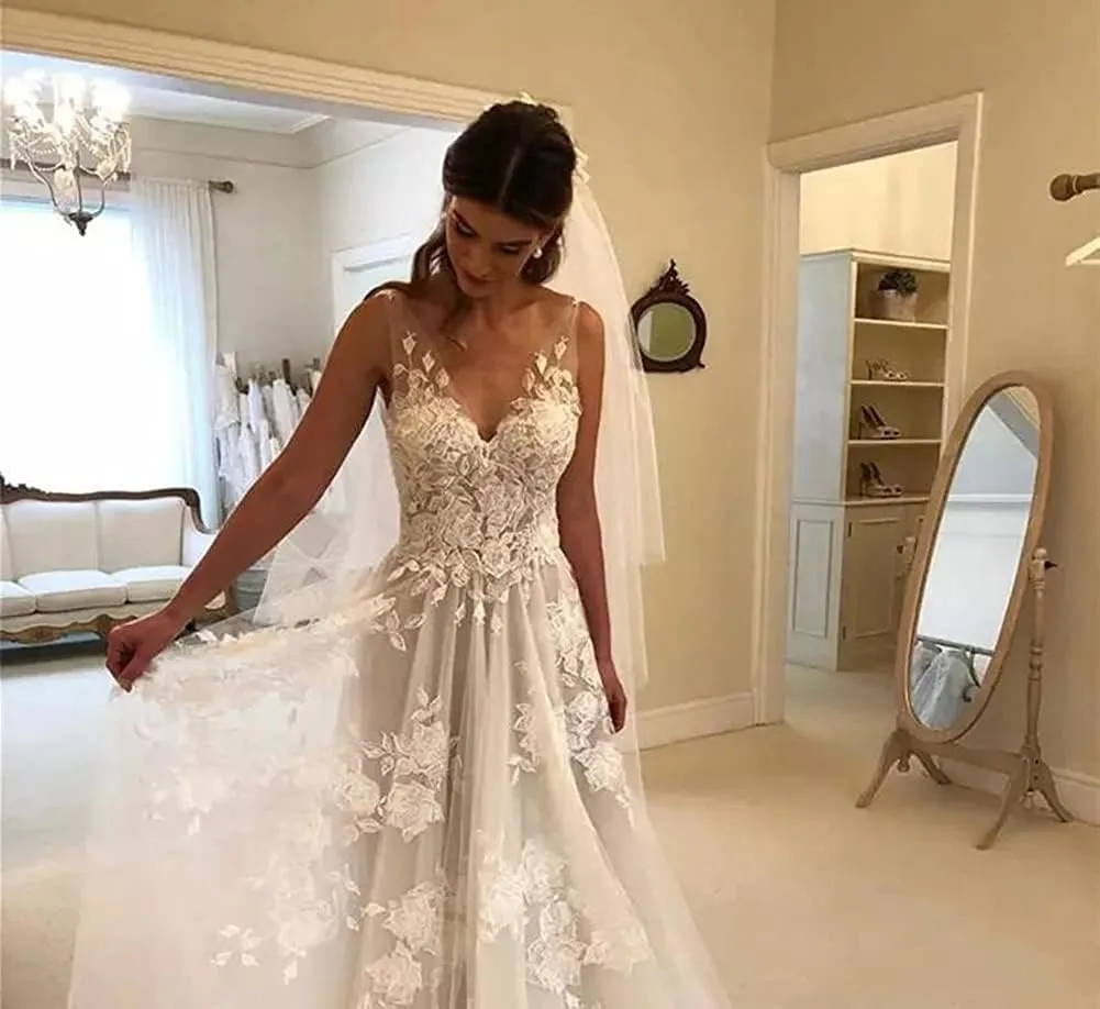 Tulle Beach Wedding Dresses for Women 2025 Lace Appliques Bridal Gown with Train