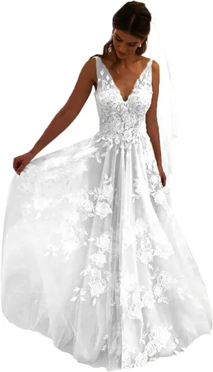Tulle Beach Wedding Dresses for Women 2025 Lace Appliques Bridal Gown with Train