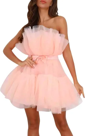 Tulle Dress Women Short Puffy Prom Dress Strapless Mesh Birthday Party Fairy Dresses Ruffle Cocktail Poofy Gown