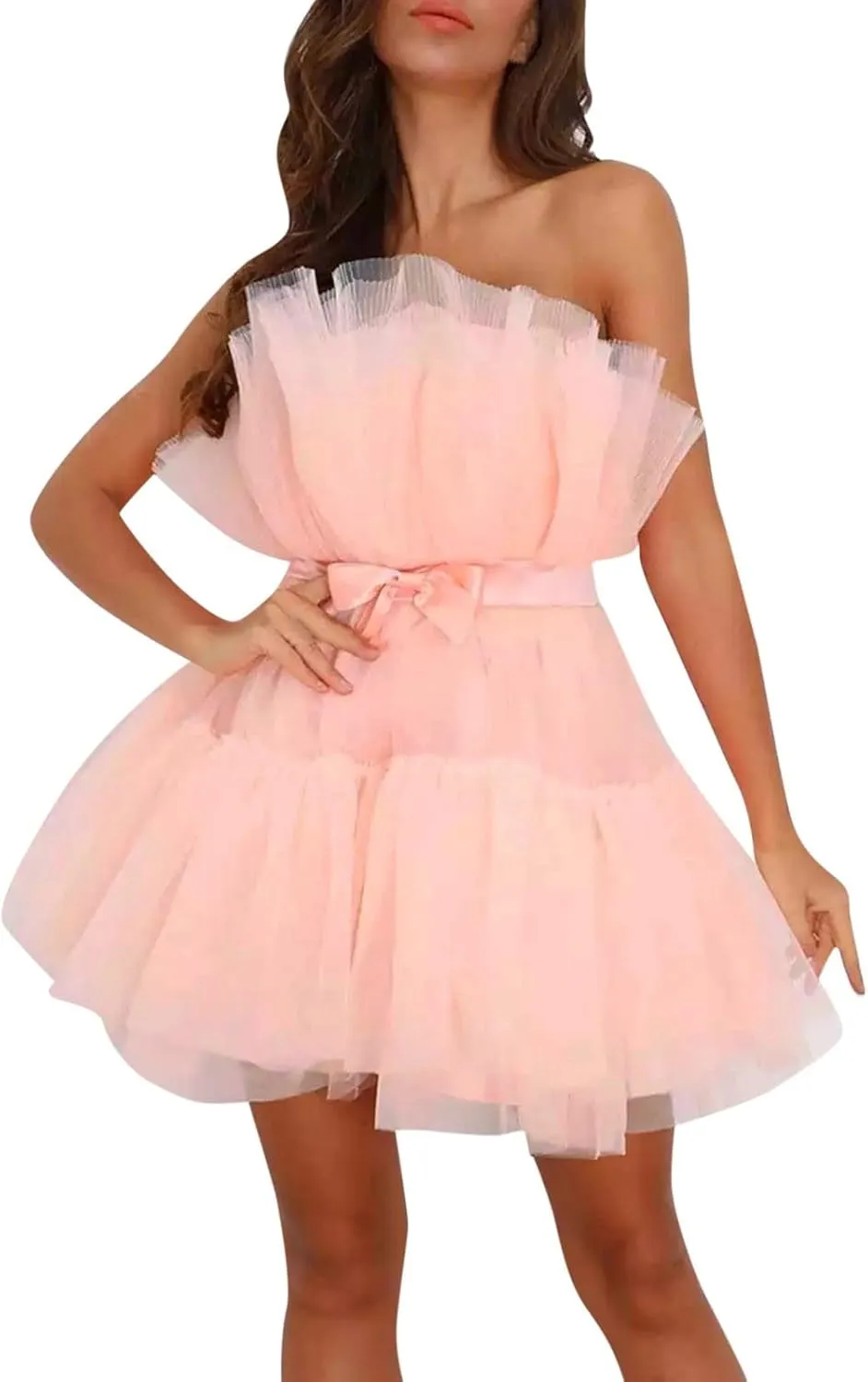 Tulle Dress Women Short Puffy Prom Dress Strapless Mesh Birthday Party Fairy Dresses Ruffle Cocktail Poofy Gown