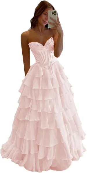Tulle Floral Print Prom Dress Long Ball Gown Tiered Formal Dress Strapless Sweetheart Evening Gown with Pockets
