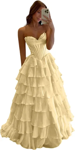 Tulle Floral Print Prom Dress Long Ball Gown Tiered Formal Dress Strapless Sweetheart Evening Gown with Pockets
