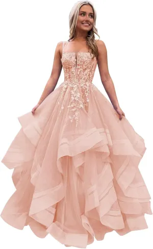 Tulle Glitter Prom Dresses Long A-Line Spaghetti Straps Tiered Appliques Laces Formal Evening Gowns