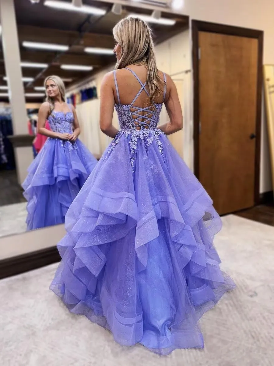 Tulle Glitter Prom Dresses Long A-Line Spaghetti Straps Tiered Appliques Laces Formal Evening Gowns