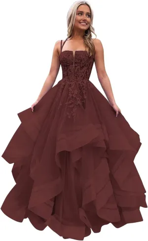 Tulle Glitter Prom Dresses Long A-Line Spaghetti Straps Tiered Appliques Laces Formal Evening Gowns