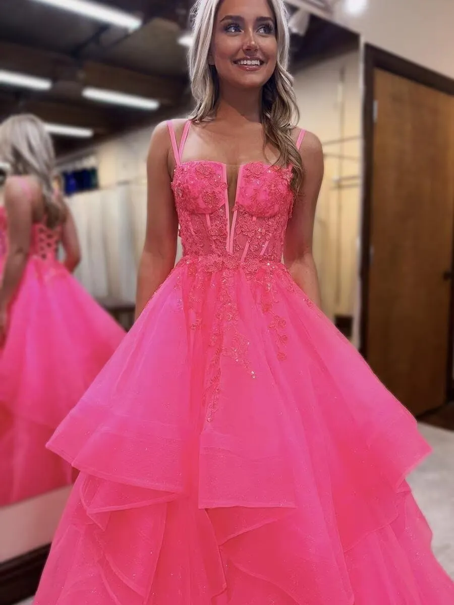 Tulle Glitter Prom Dresses Long A-Line Spaghetti Straps Tiered Appliques Laces Formal Evening Gowns