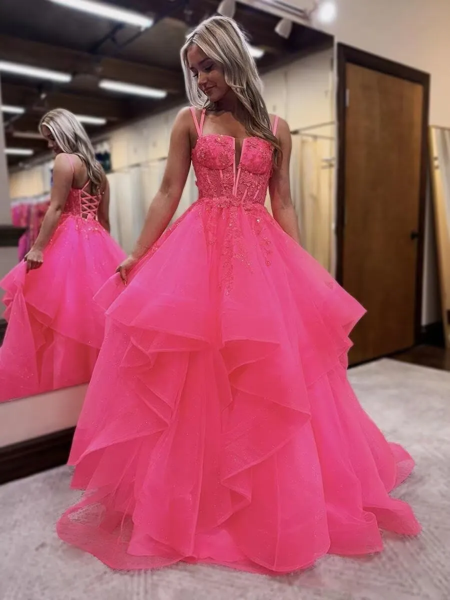 Tulle Glitter Prom Dresses Long A-Line Spaghetti Straps Tiered Appliques Laces Formal Evening Gowns
